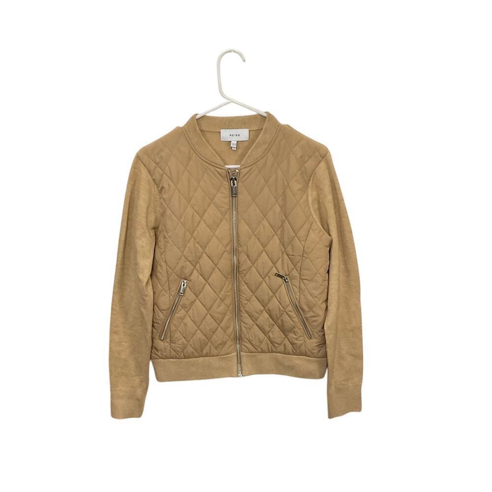 REISS Ayla Knit Hybrid Jacket Womens Brown Size 6 Small Front Zip Quilted Bomber - Picture 2 of 8